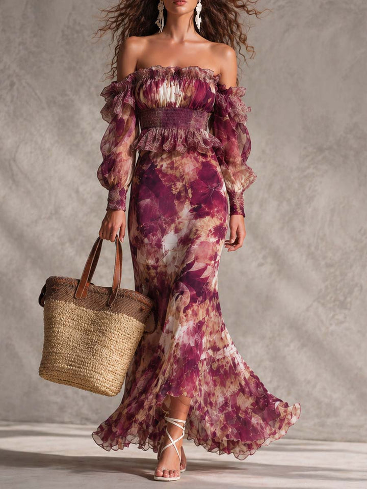 Roze Bloemen Off-Shoulder Chiffon Maxi Jurk