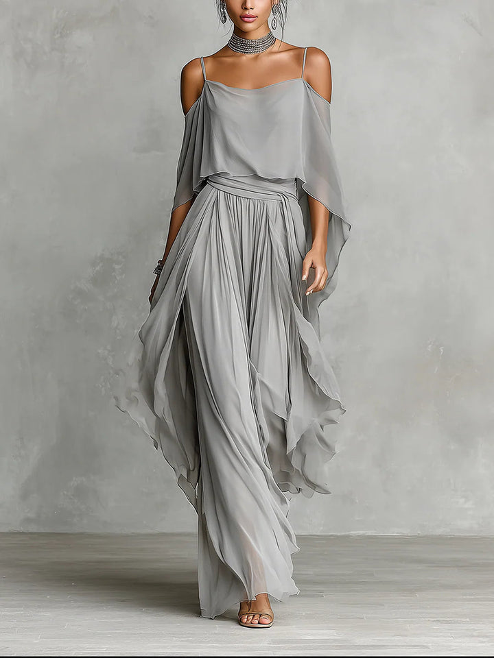 Grijze off-shoulder zwierige camisole en broek van chiffon set