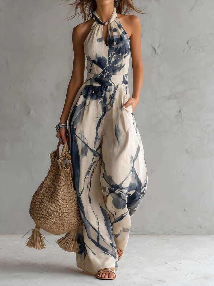 Halterhals jumpsuit met wijde pijpen, ink wash print en zakken