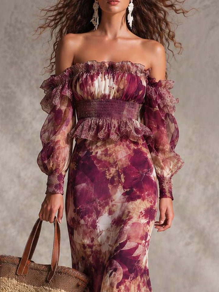 Roze Bloemen Off-Shoulder Chiffon Maxi Jurk