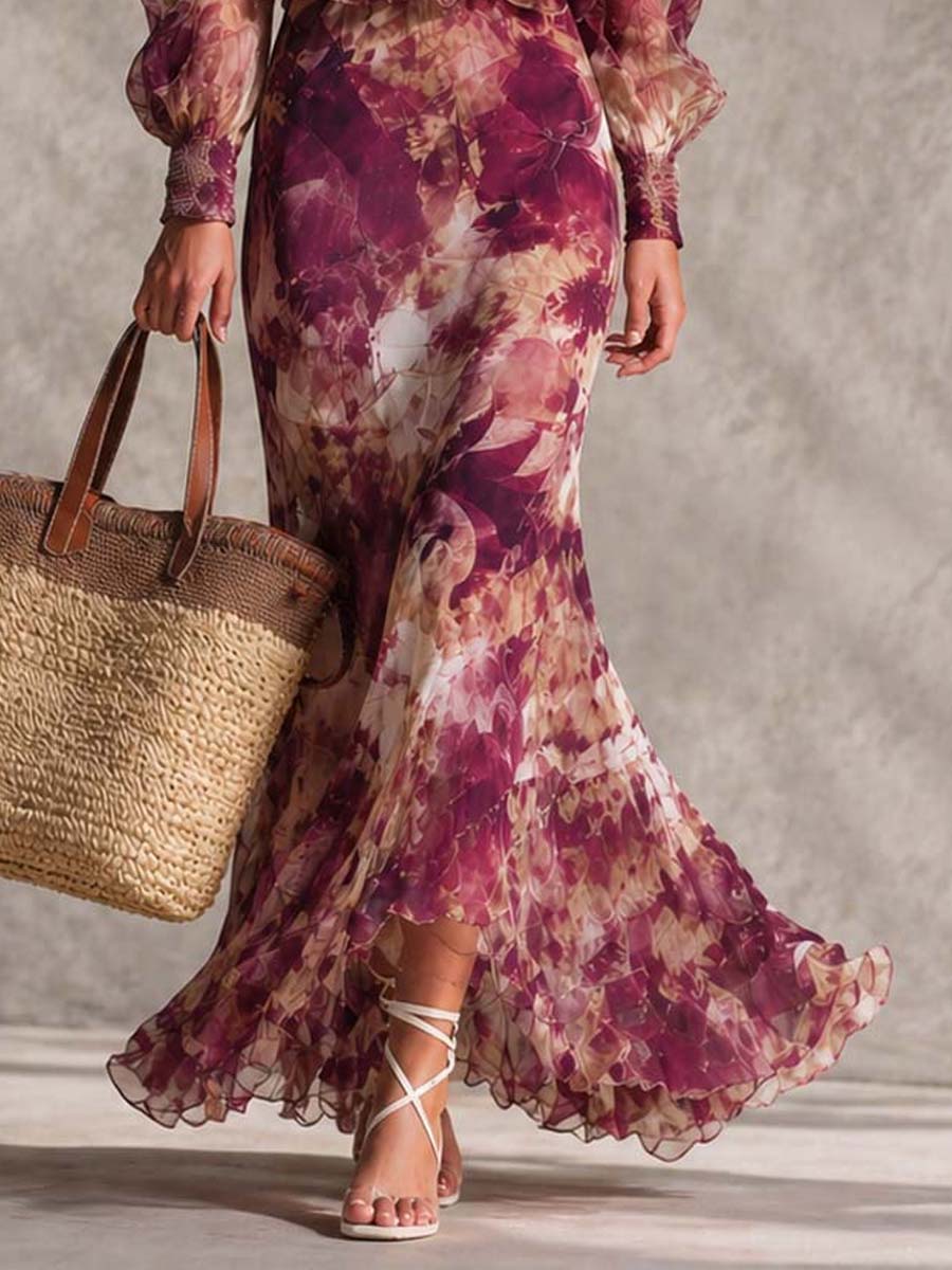 Roze Bloemen Off-Shoulder Chiffon Maxi Jurk