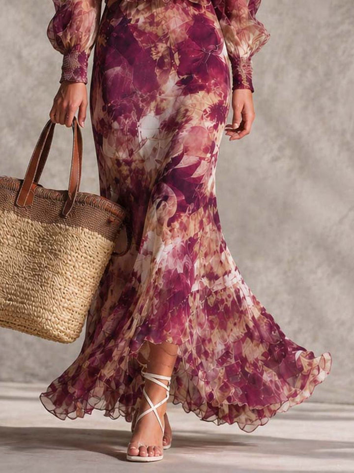Roze Bloemen Off-Shoulder Chiffon Maxi Jurk