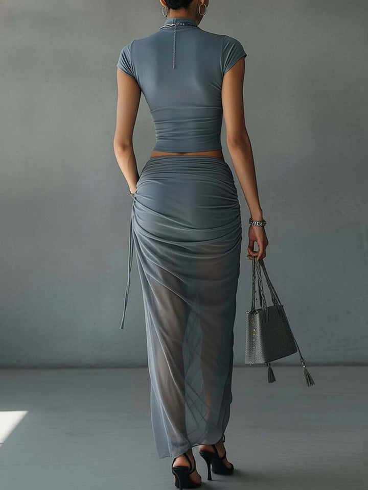 Blauwe Cropped T-shirt en Transparante Mesh Gedrapeerde Rok Set