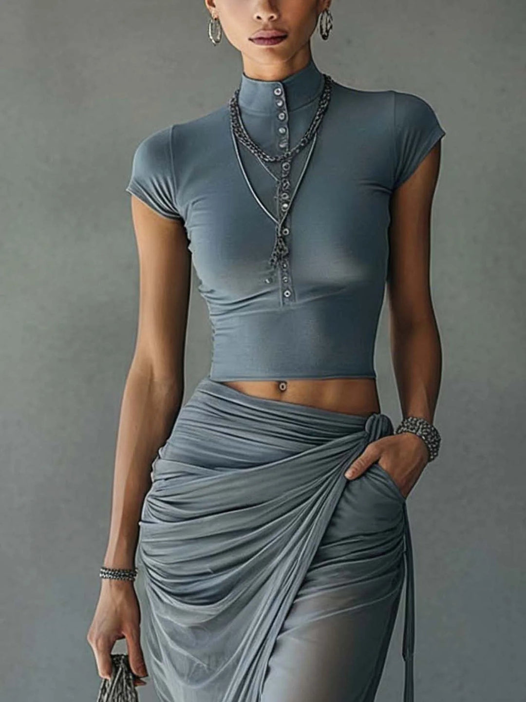Blauwe Cropped T-shirt en Transparante Mesh Gedrapeerde Rok Set