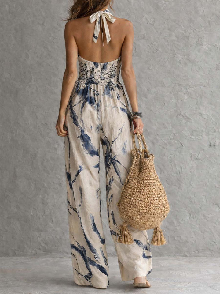 Halterhals jumpsuit met wijde pijpen, ink wash print en zakken