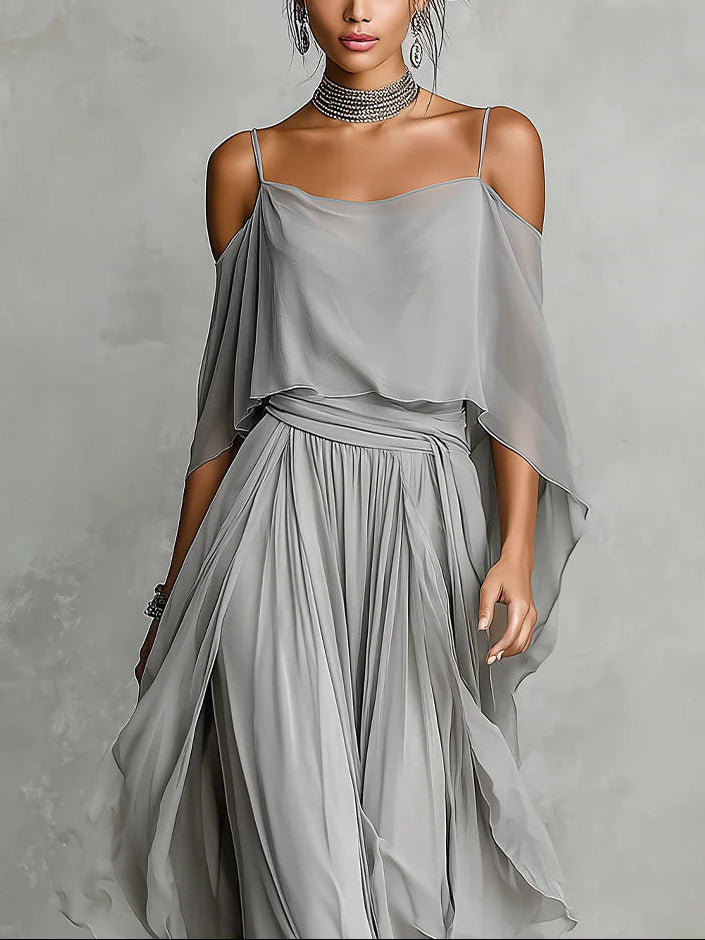 Grijze off-shoulder zwierige camisole en broek van chiffon set
