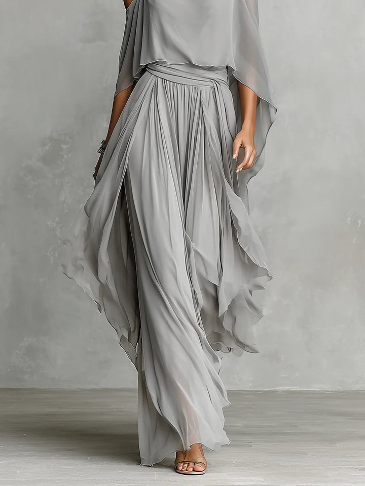 Grijze off-shoulder zwierige camisole en broek van chiffon set