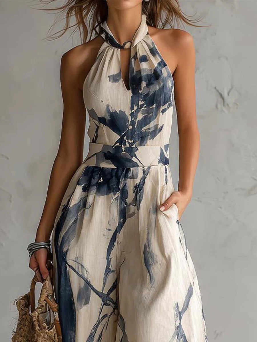 Halterhals jumpsuit met wijde pijpen, ink wash print en zakken