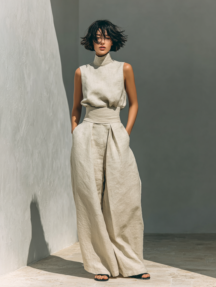 Dames minimalistische set met mouwloze blouse en wijde broek