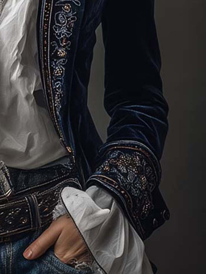 Dames vintage marineblauwe geborduurde lange jas
