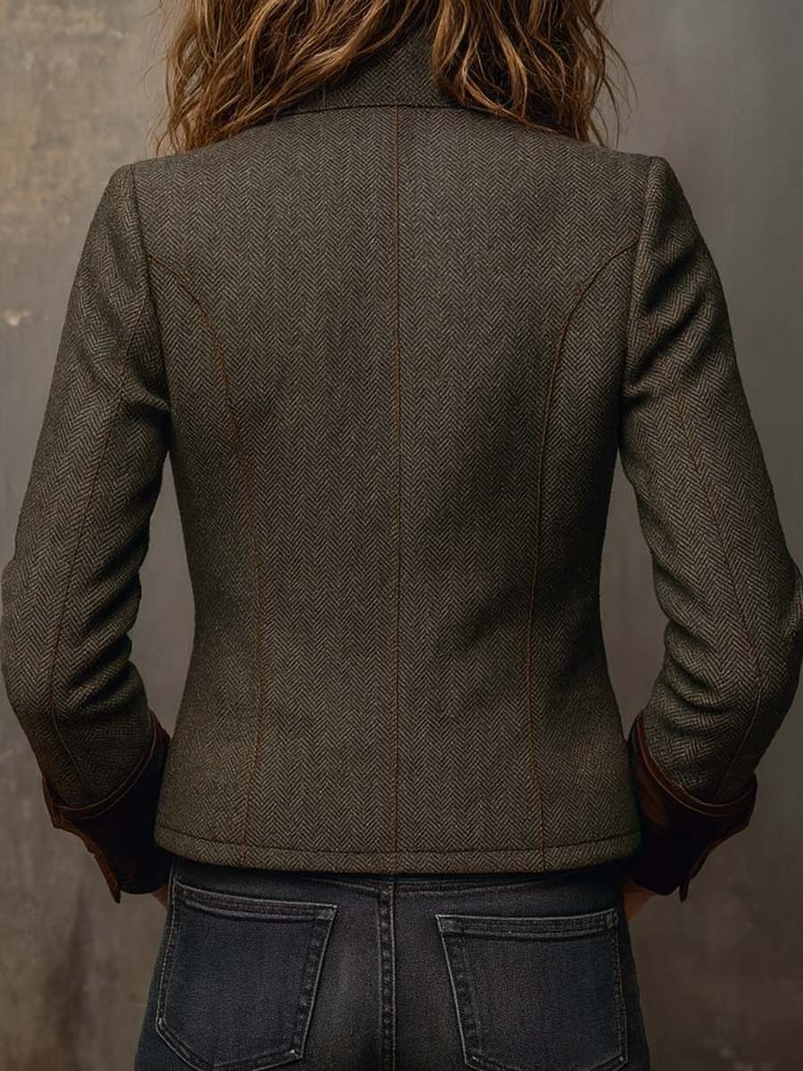 Dames Vintage Visgraat Blazer met Contrasterende Bies