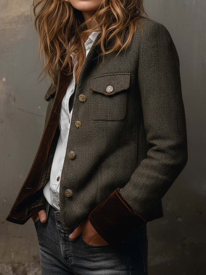Dames Vintage Visgraat Blazer met Contrasterende Bies