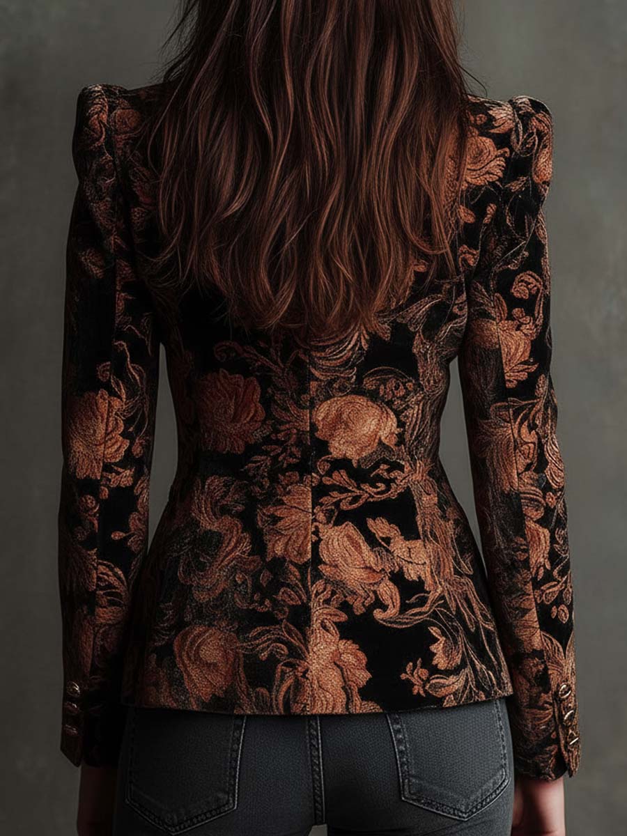 Zwarte Blazer met Bronzen Bloemenprint voor Dames