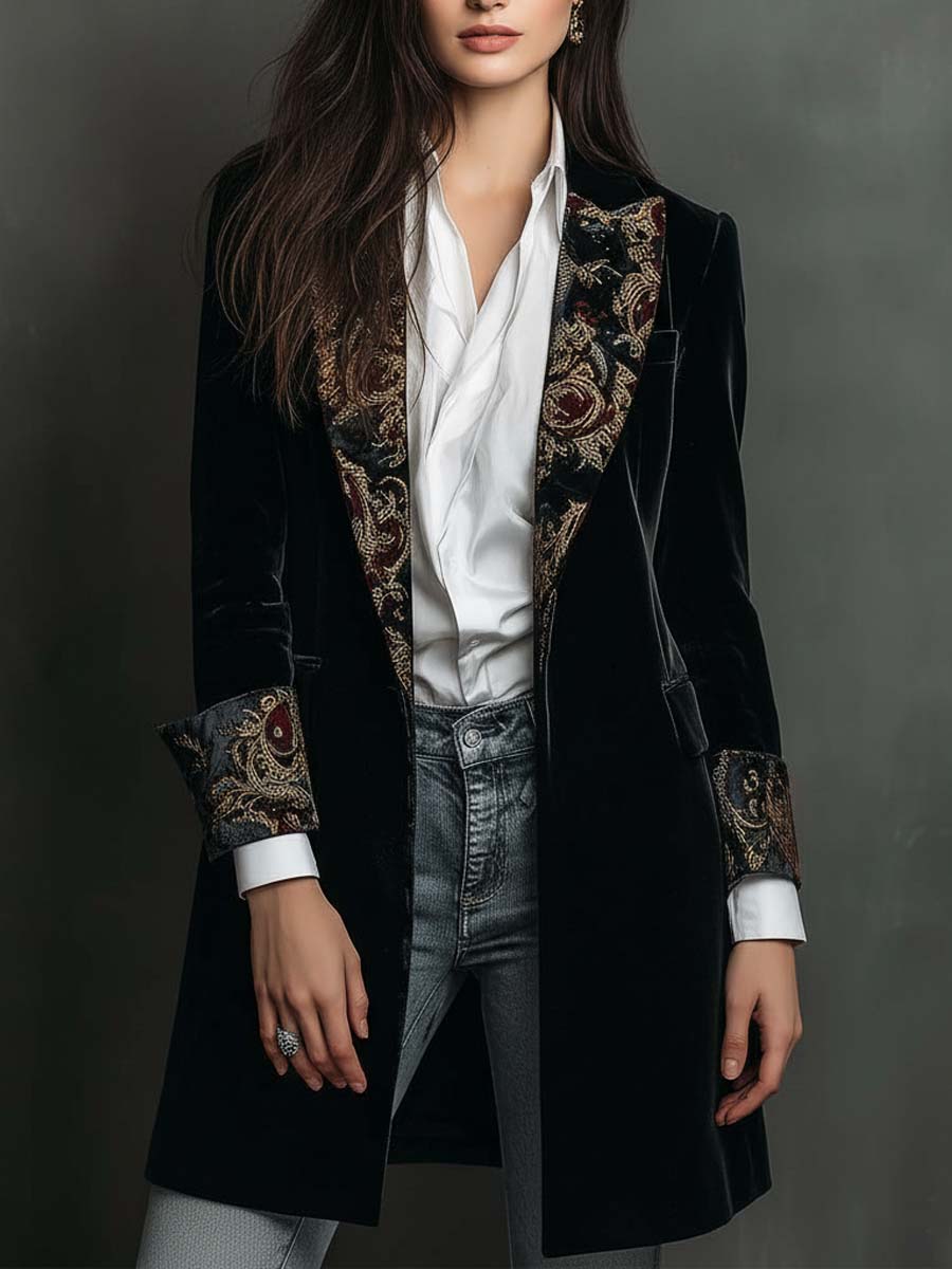Dames Zwarte Blazer met Barokprint en Revers, Slim Fit