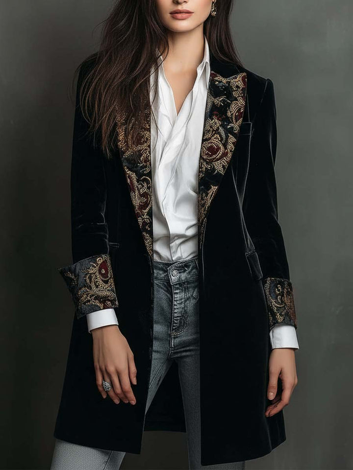 Dames Zwarte Blazer met Barokprint en Revers, Slim Fit