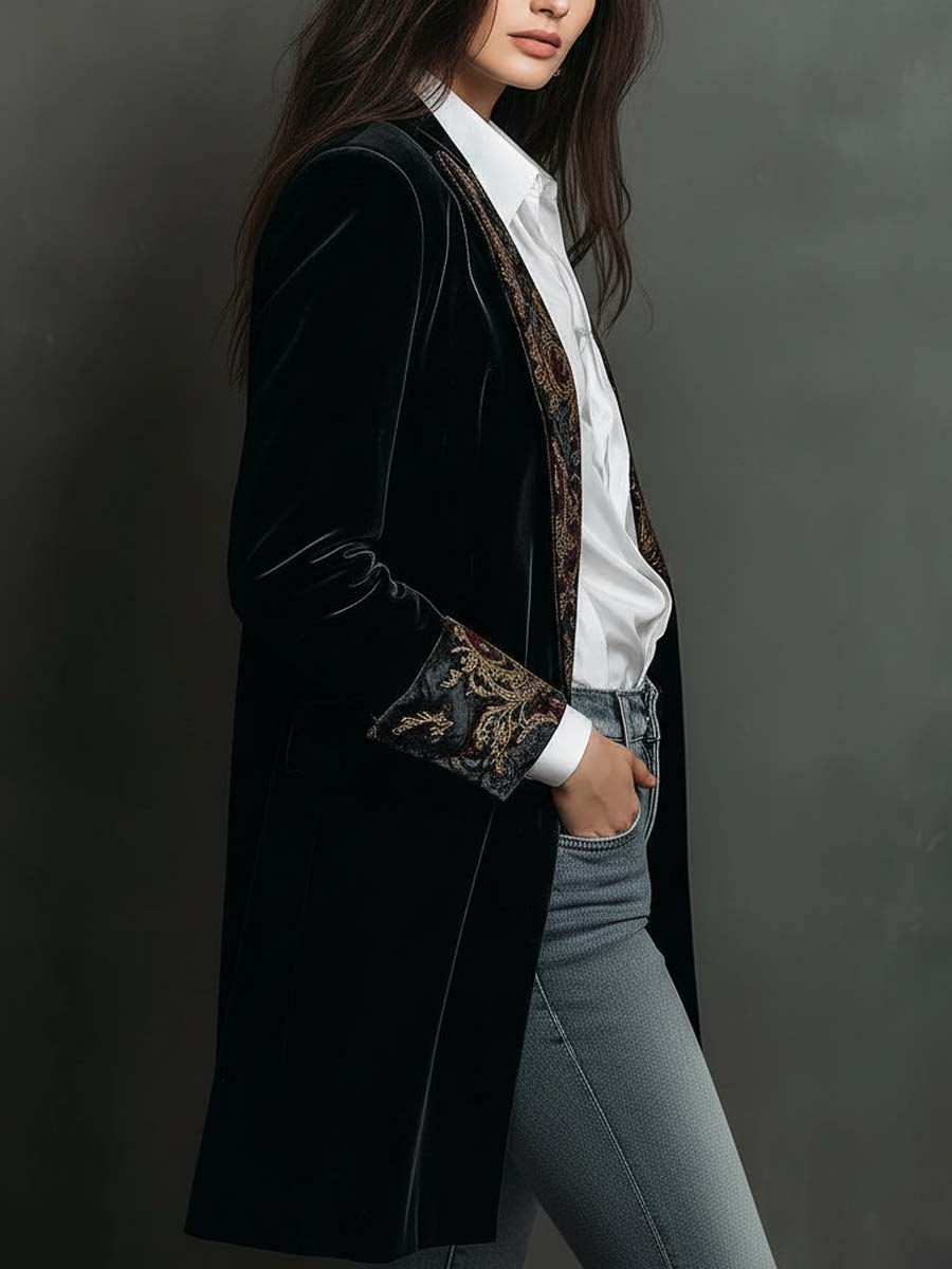 Dames Zwarte Blazer met Barokprint en Revers, Slim Fit