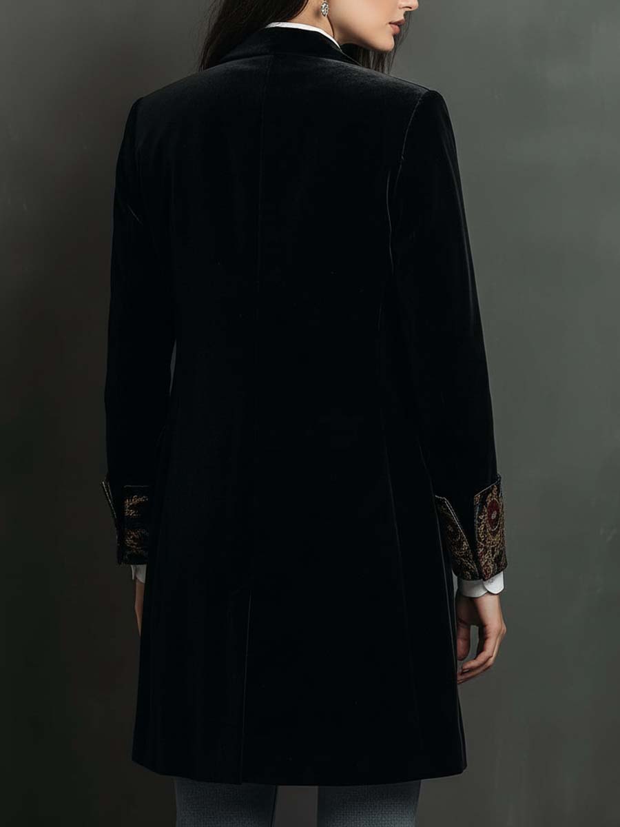 Dames Zwarte Blazer met Barokprint en Revers, Slim Fit