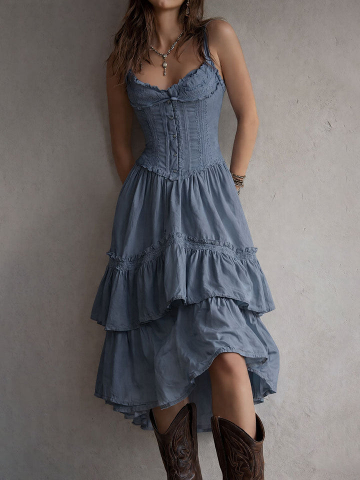 Retro Boho Korset Gelaagde Midi Jurk met Kanten Afwerking