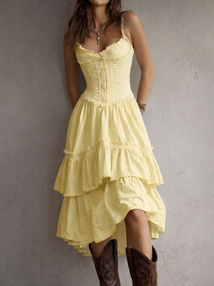 Retro Boho Korset Gelaagde Midi Jurk met Kanten Afwerking