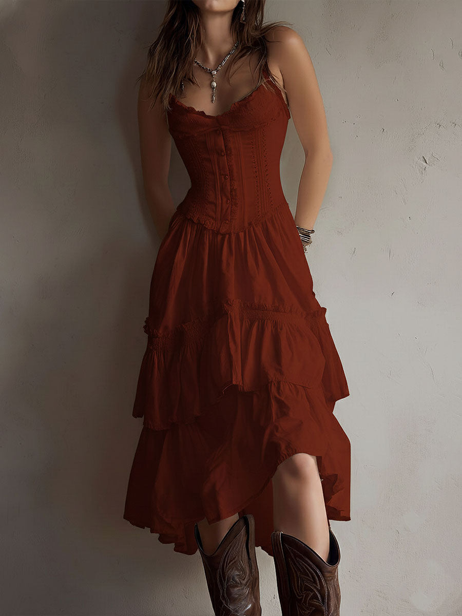 Retro Boho Korset Gelaagde Midi Jurk met Kanten Afwerking
