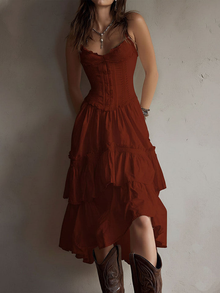 Retro Boho Korset Gelaagde Midi Jurk met Kanten Afwerking