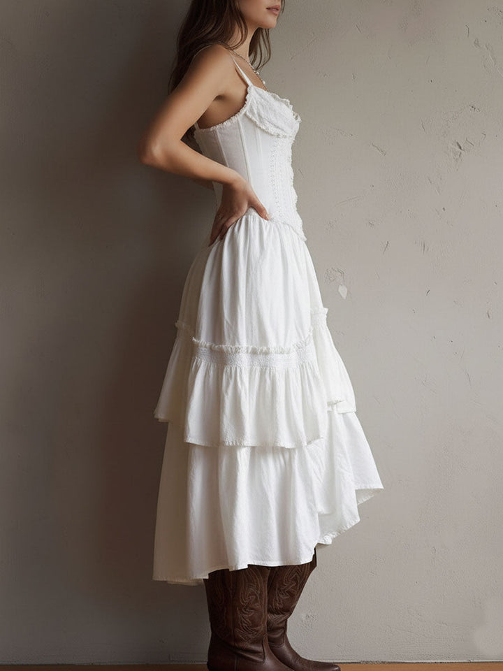Retro Boho Korset Gelaagde Midi Jurk met Kanten Afwerking
