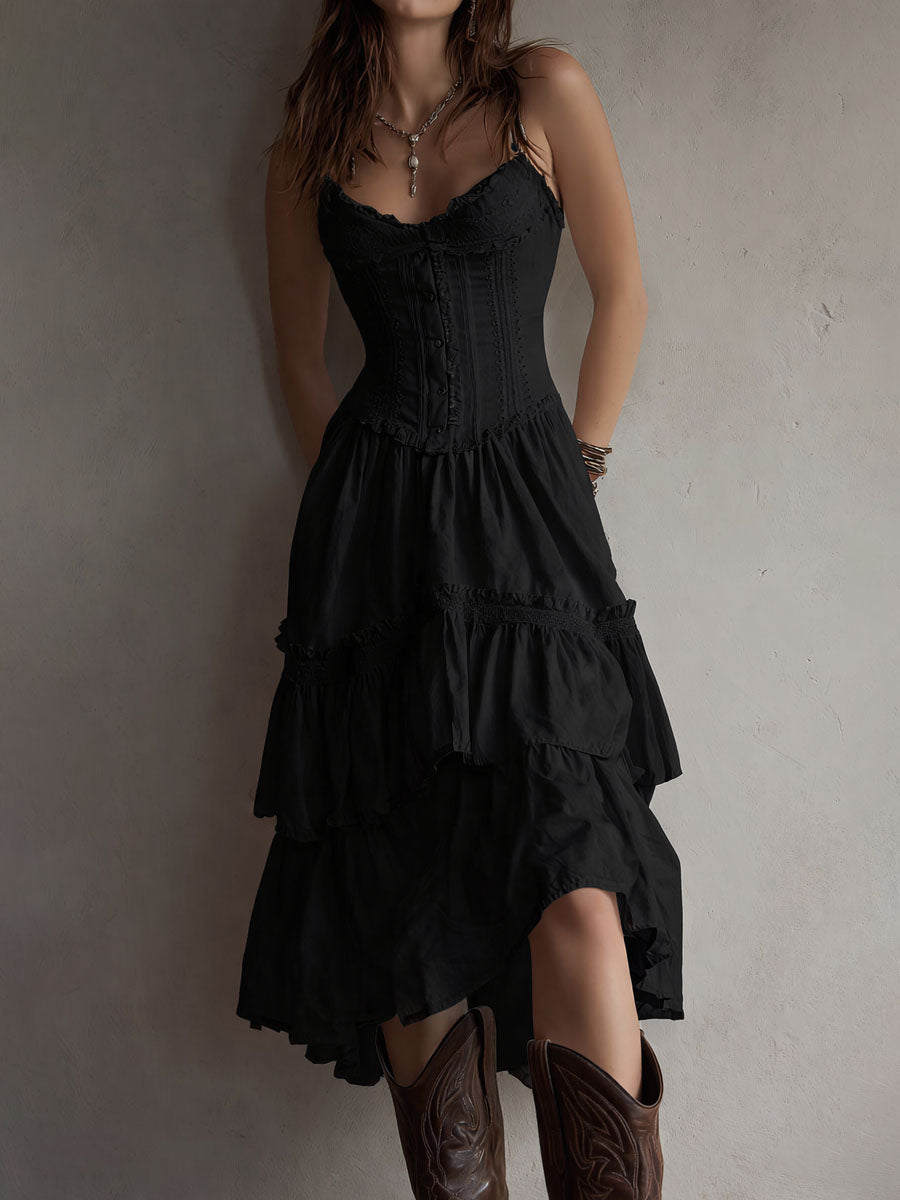 Retro Boho Korset Gelaagde Midi Jurk met Kanten Afwerking