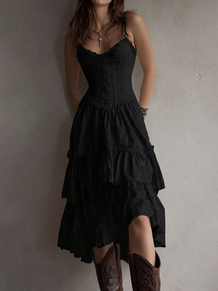 Retro Boho Korset Gelaagde Midi Jurk met Kanten Afwerking