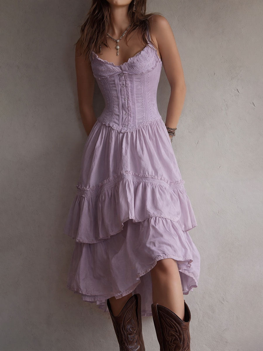 Retro Boho Korset Gelaagde Midi Jurk met Kanten Afwerking