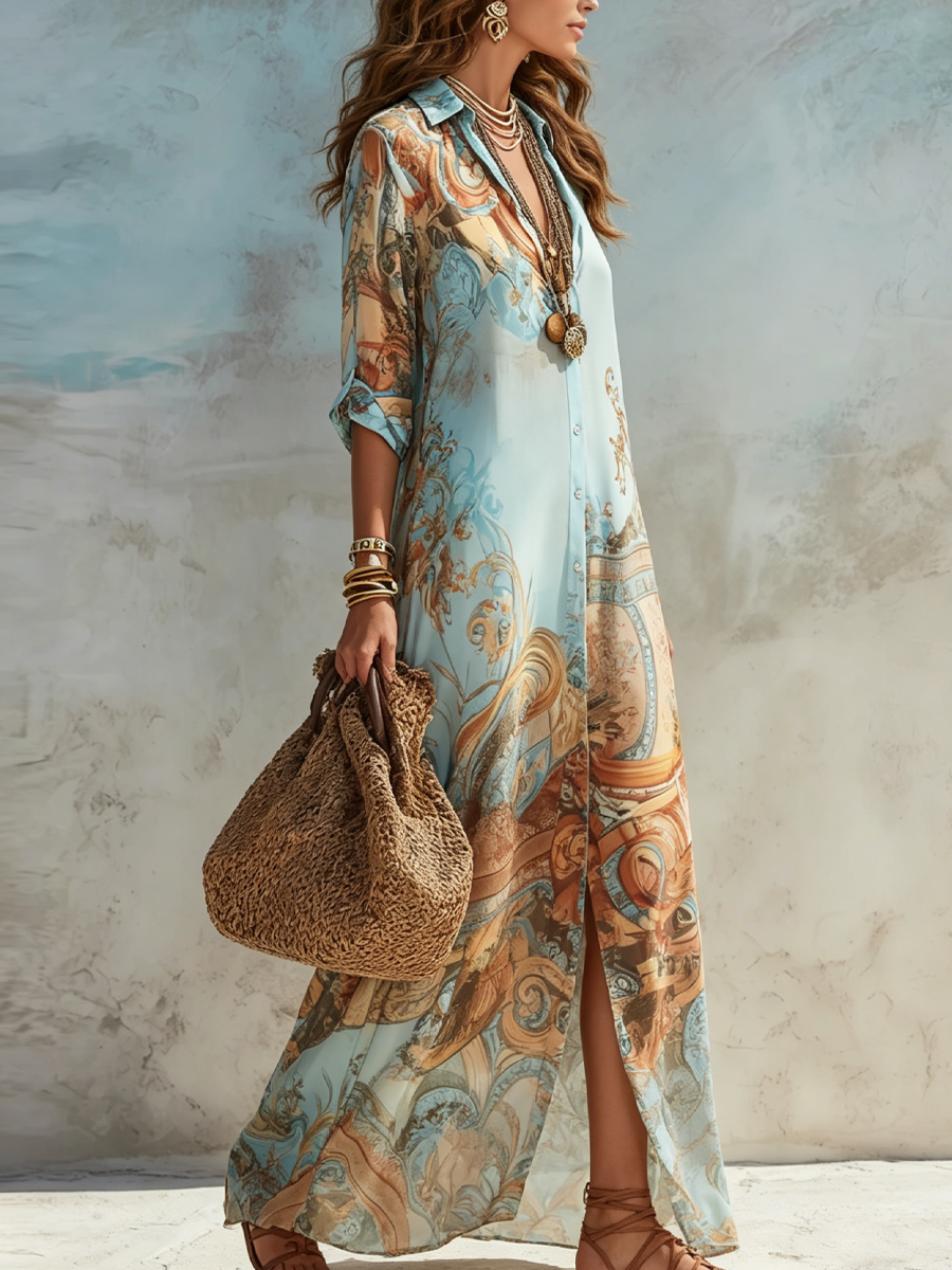 Barokke Stijl Bloemen Blauwe Chiffon Maxi Jurk