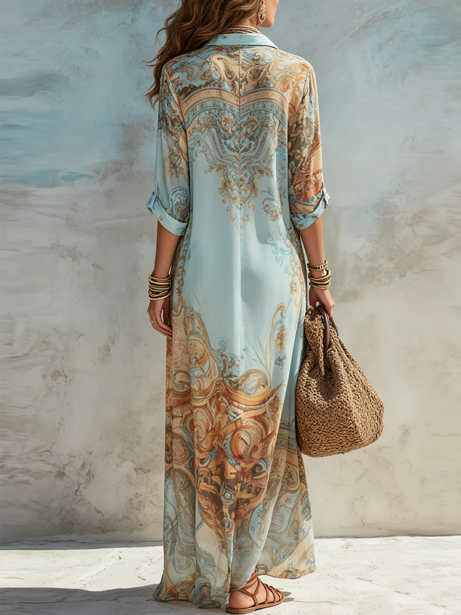 Barokke Stijl Bloemen Blauwe Chiffon Maxi Jurk