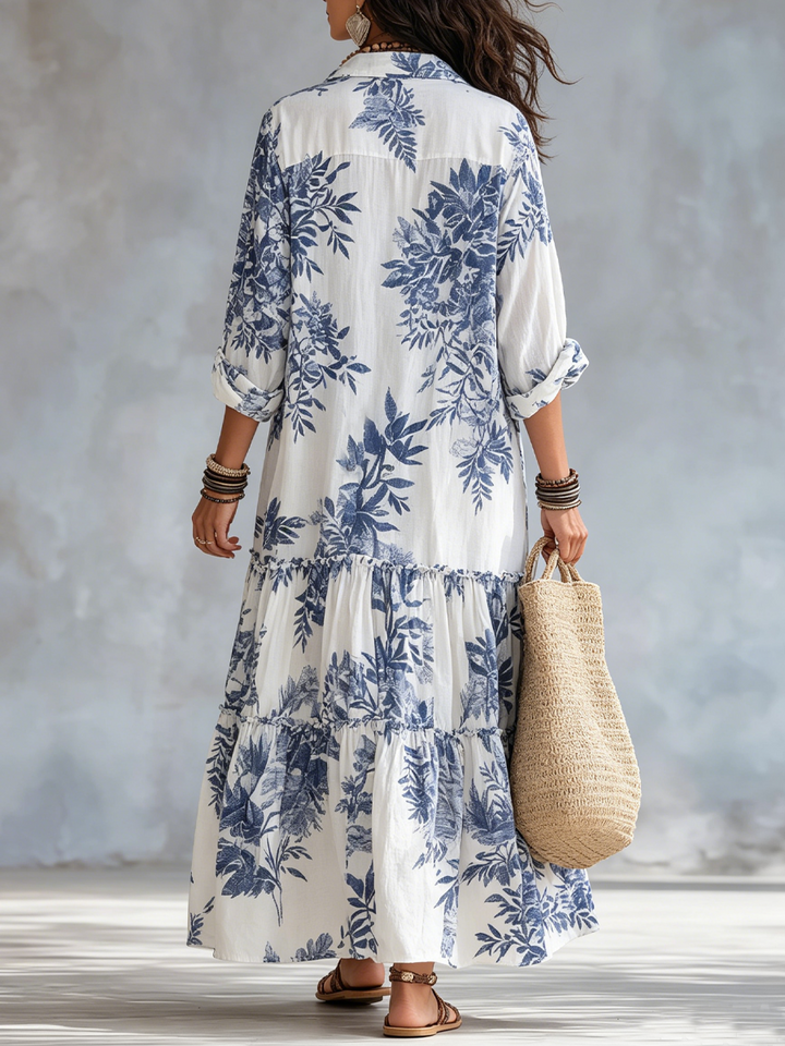 Bohemian Blauw Gebloemde Maxi-Jurk met Knoopsluiting