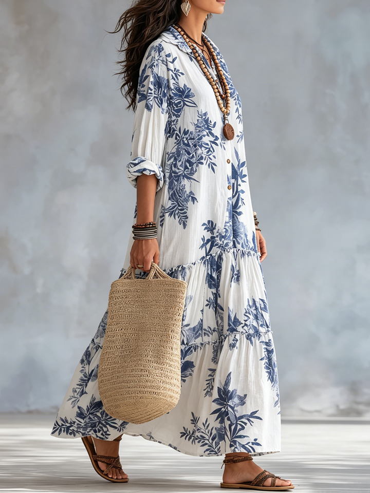 Bohemian Blauw Gebloemde Maxi-Jurk met Knoopsluiting