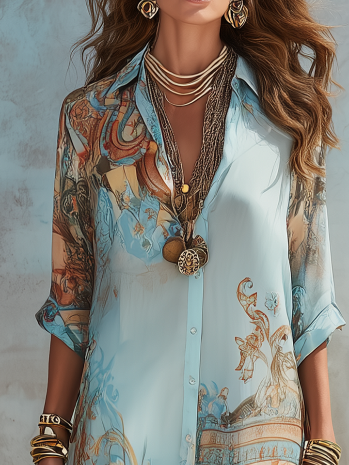 Barokke Stijl Bloemen Blauwe Chiffon Maxi Jurk