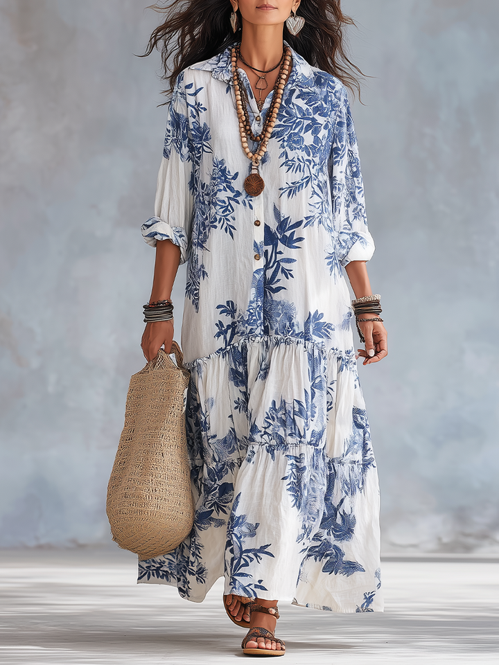 Bohemian Blauw Gebloemde Maxi-Jurk met Knoopsluiting