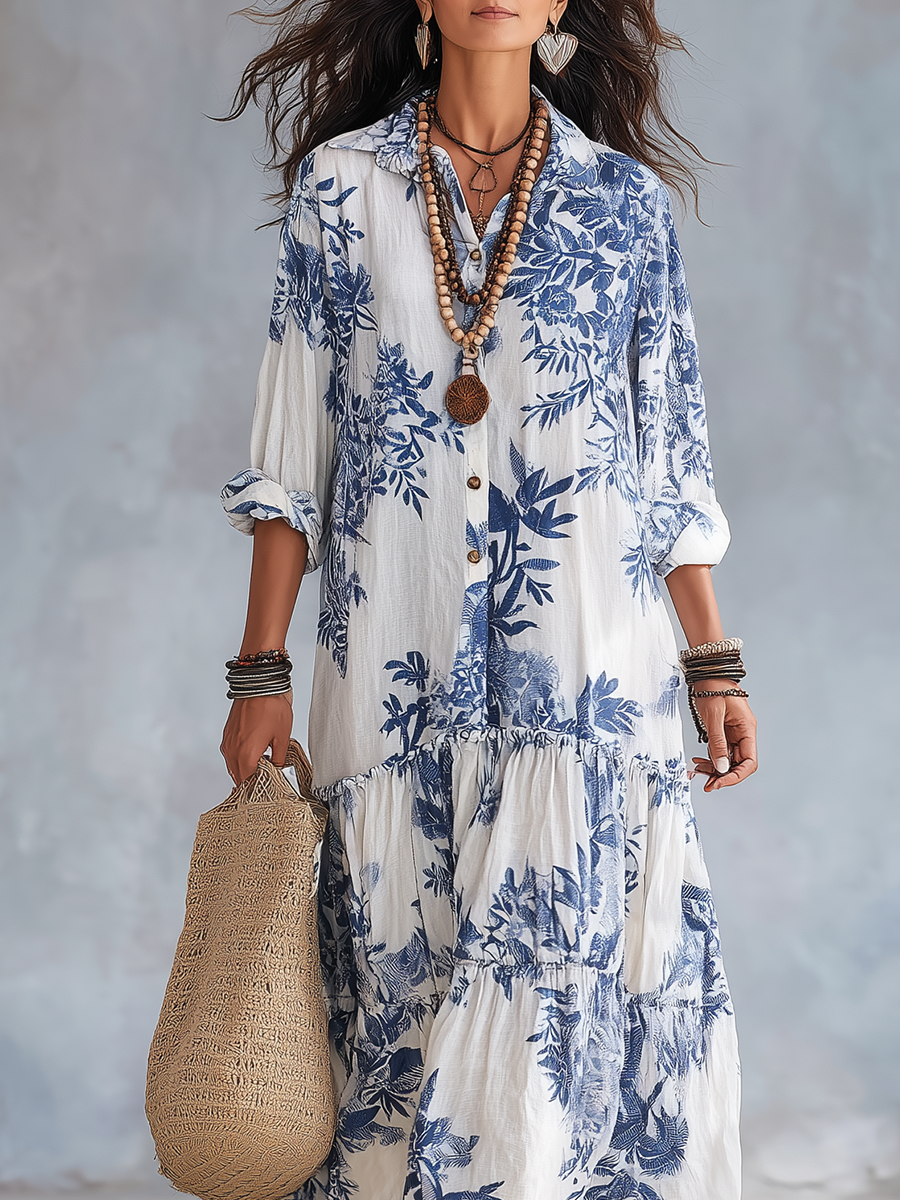 Bohemian Blauw Gebloemde Maxi-Jurk met Knoopsluiting