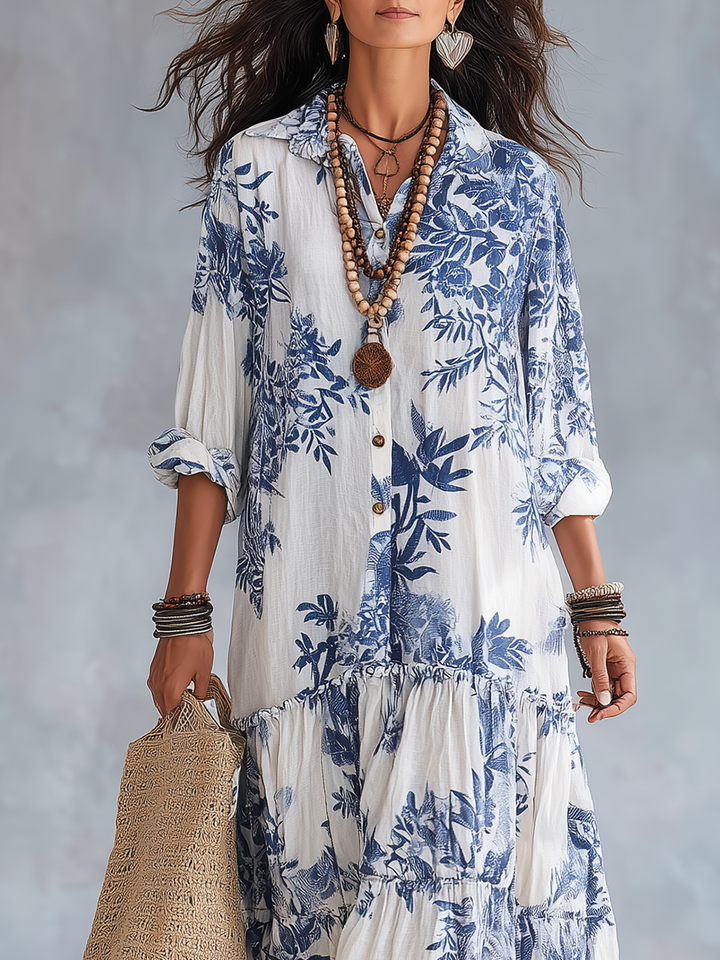 Bohemian Blauw Gebloemde Maxi-Jurk met Knoopsluiting