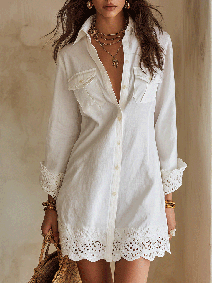 Bohemian Resort Mini Jurk met Perforaties en Zoom in Wit