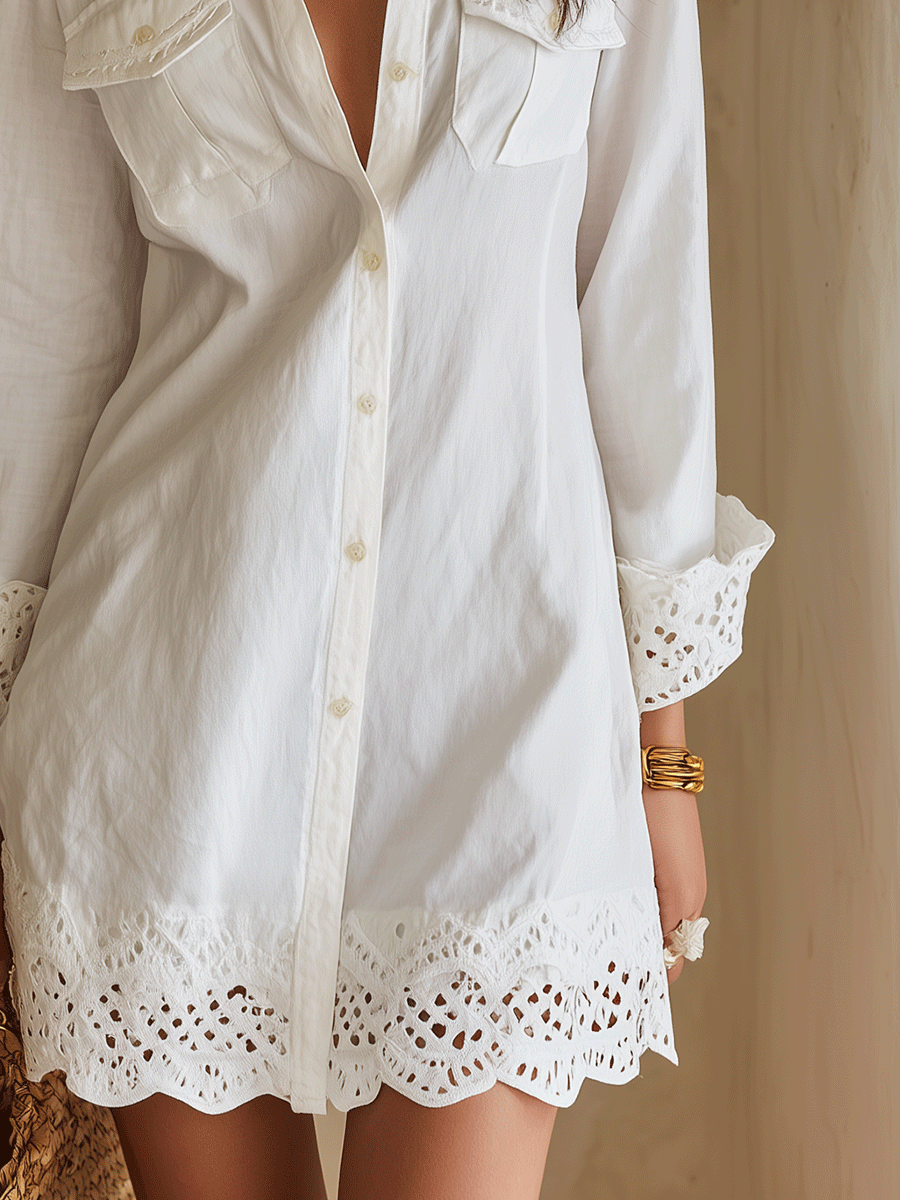 Bohemian Resort Mini Jurk met Perforaties en Zoom in Wit