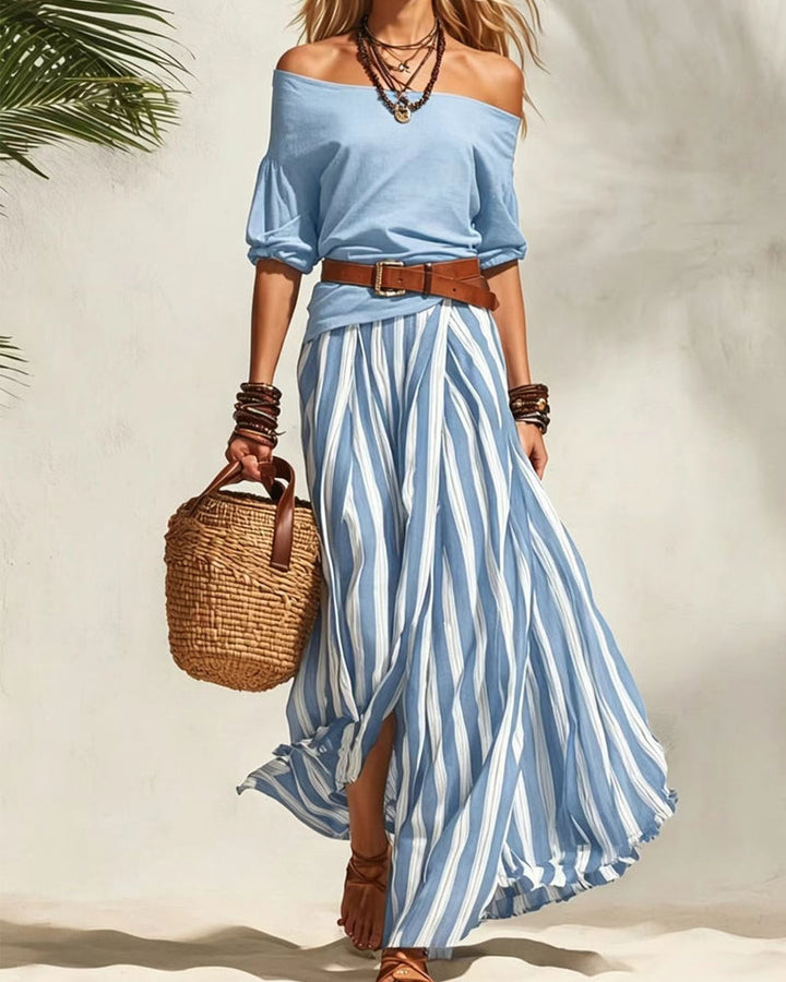MADISON | Gestreept maxi-rokset met off-shoulder top