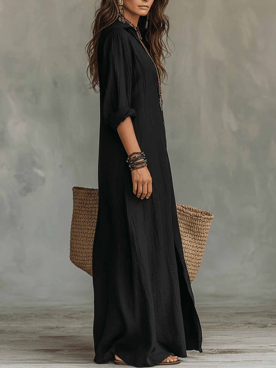 Zwarte Boho Maxi Jurk met Knoopsluiting