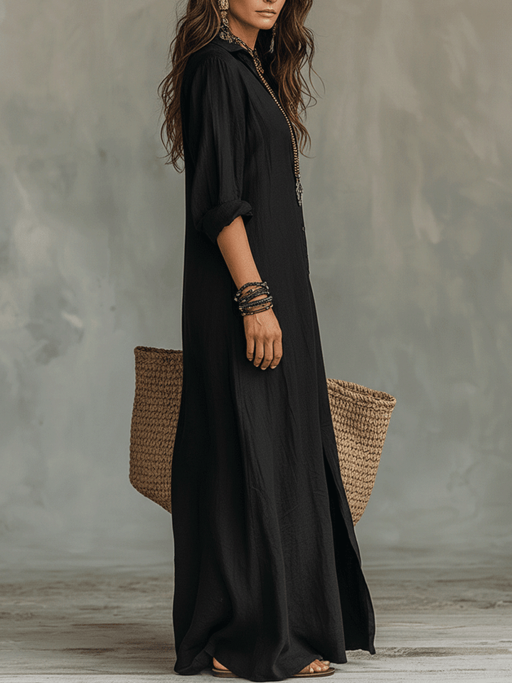 Zwarte Boho Maxi Jurk met Knoopsluiting