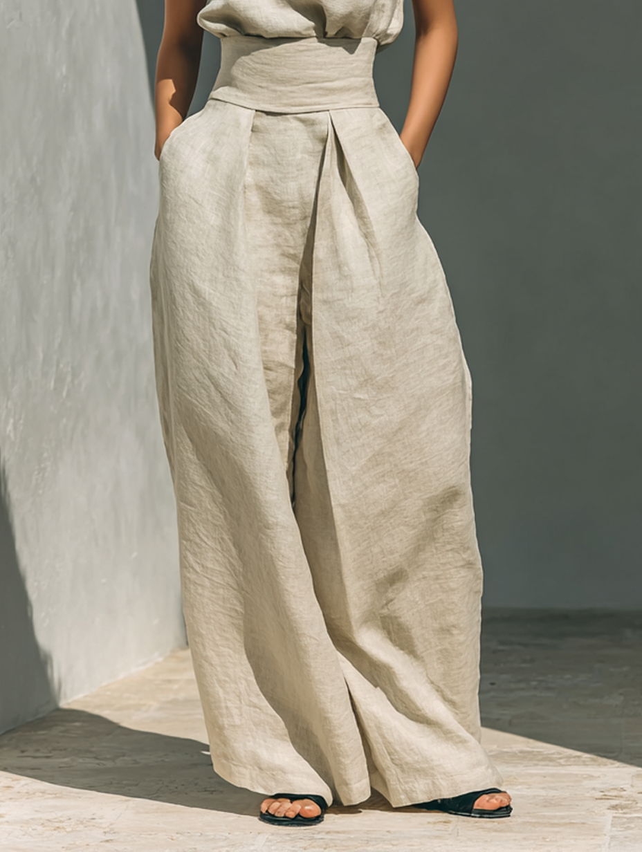 Dames minimalistische set met mouwloze blouse en wijde broek