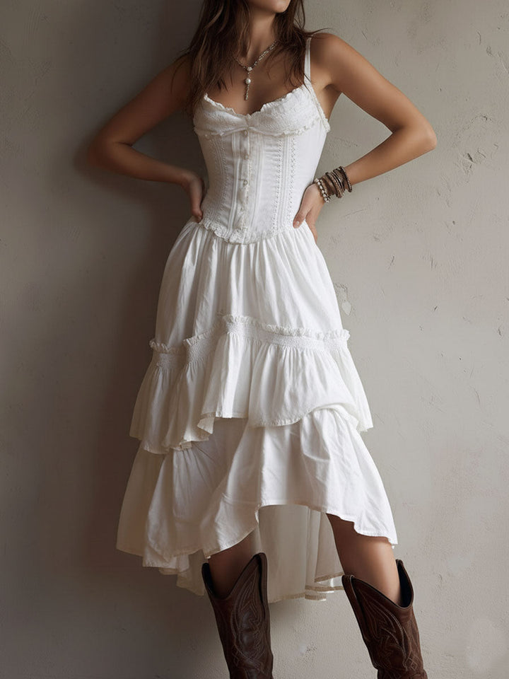 Retro Boho Korset Gelaagde Midi Jurk met Kanten Afwerking