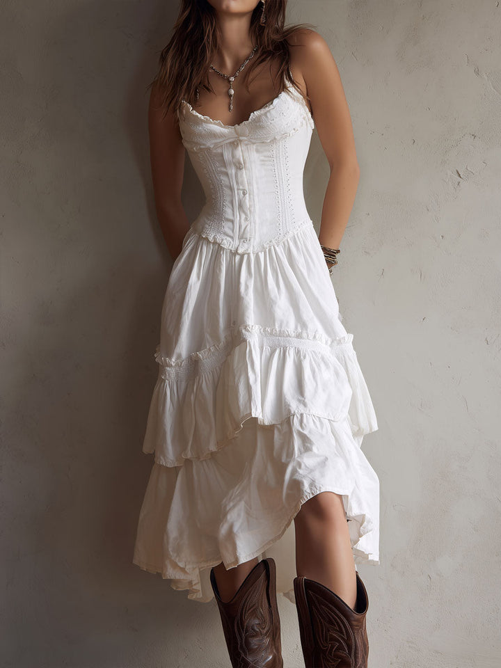 Retro Boho Korset Gelaagde Midi Jurk met Kanten Afwerking