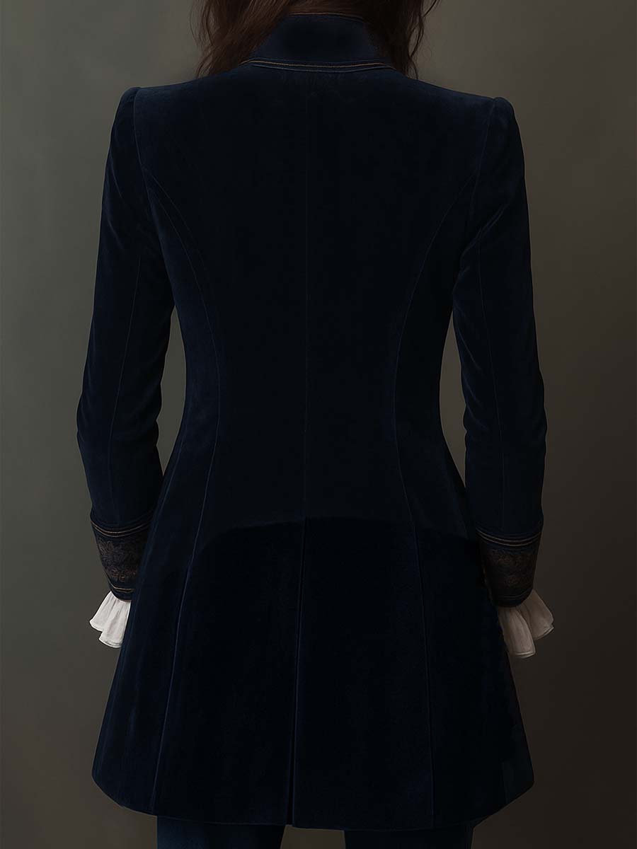Dames vintage marineblauwe geborduurde lange jas