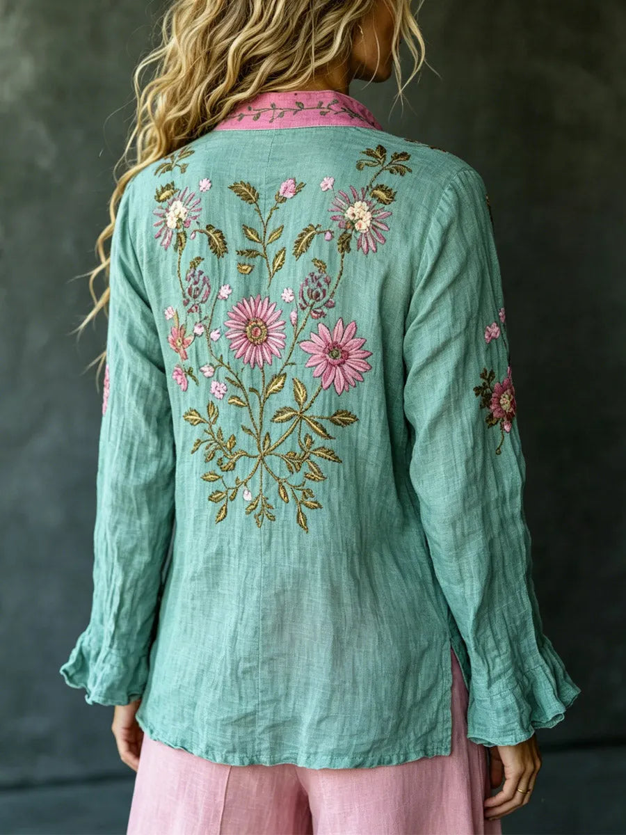 Eloise | Retro geborduurd bloemenoverhemd voor dames