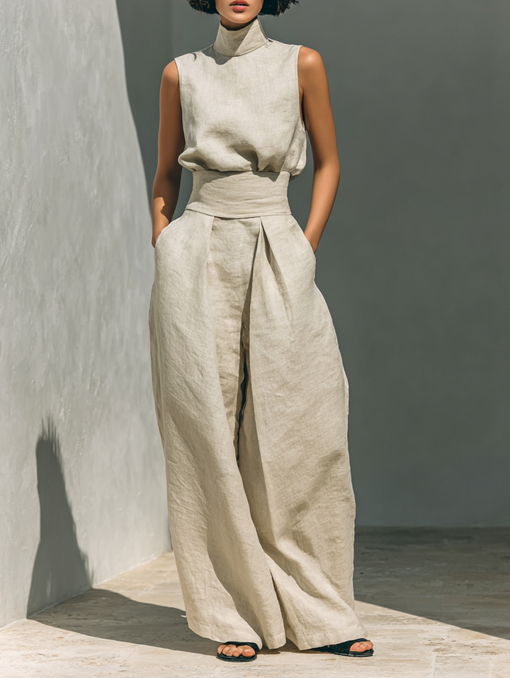 Dames minimalistische set met mouwloze blouse en wijde broek