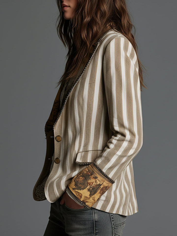 Boho Gestreepte Gebloemde Revers Blazer voor Dames