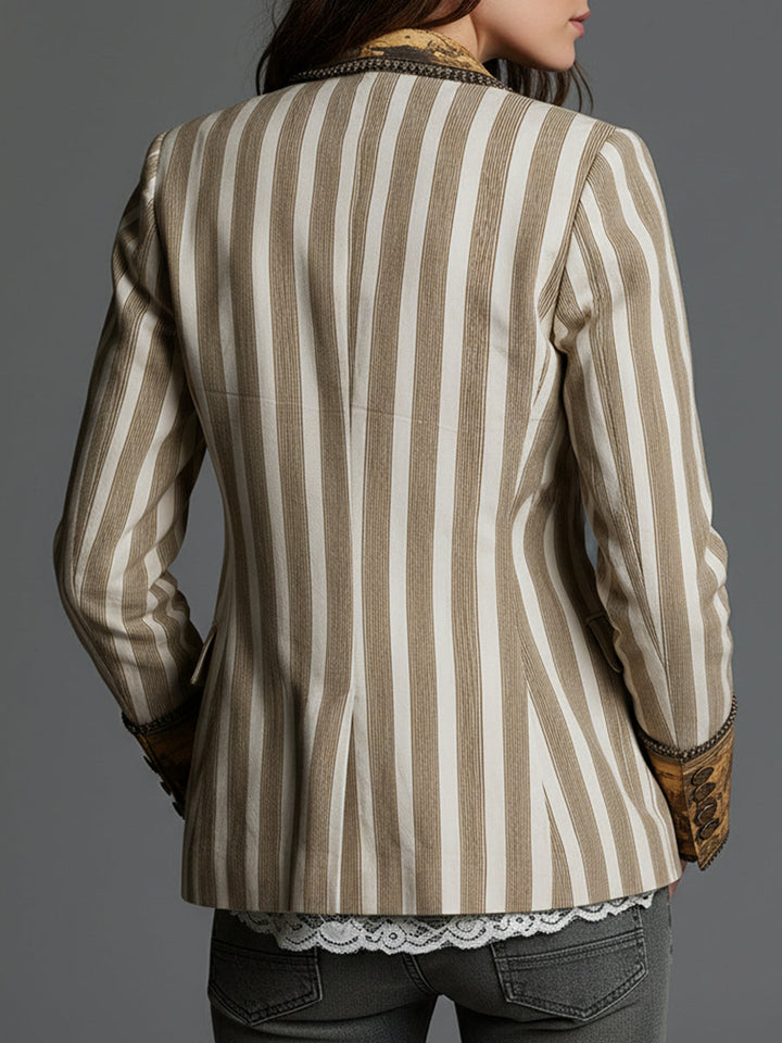 Boho Gestreepte Gebloemde Revers Blazer voor Dames